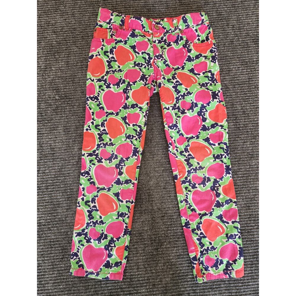 Lilly Pulitzer Girls Size 7 Pants Red/Pink Apples Green Front Zipper Colorful - Picture 2 of 4